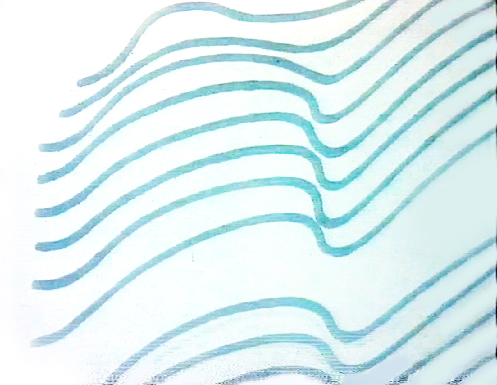 Vita Plus käpyhiukset still, the strands of hair redrawn as a stack of smooth wavy lines in turquoise pencil across a white ground