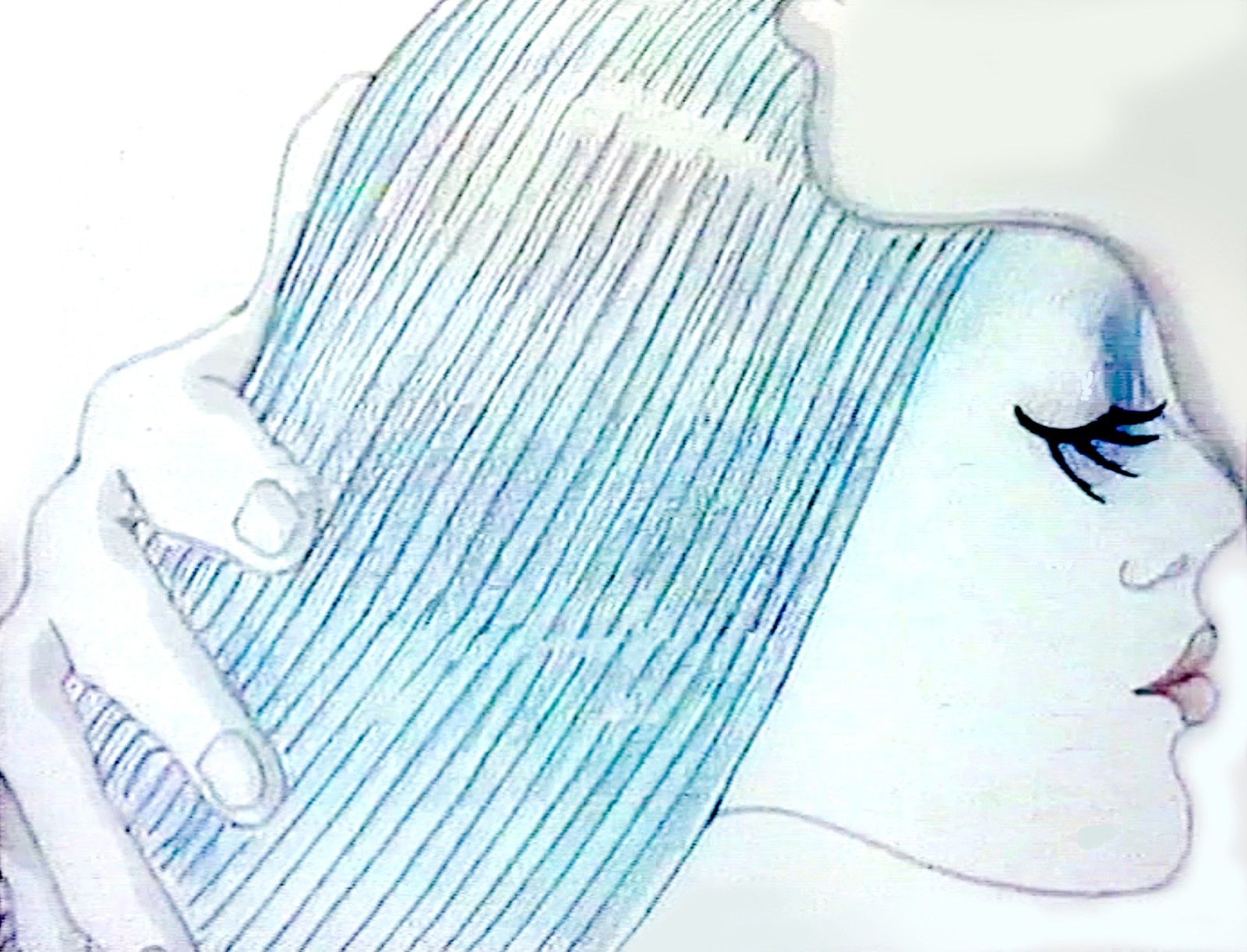 Vita Plus käpyhiukset still, a hand strokes a sheet of smooth blue-ruled hair beside a profile with the eye closed and long lashes