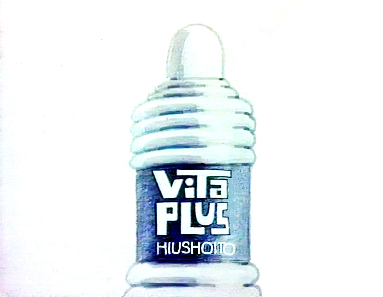 Vita Plus käpyhiukset still, the ribbed white conditioner bottle drawn in grey pencil, its dark label lettered ViTa PLUS HIUSHOITO
