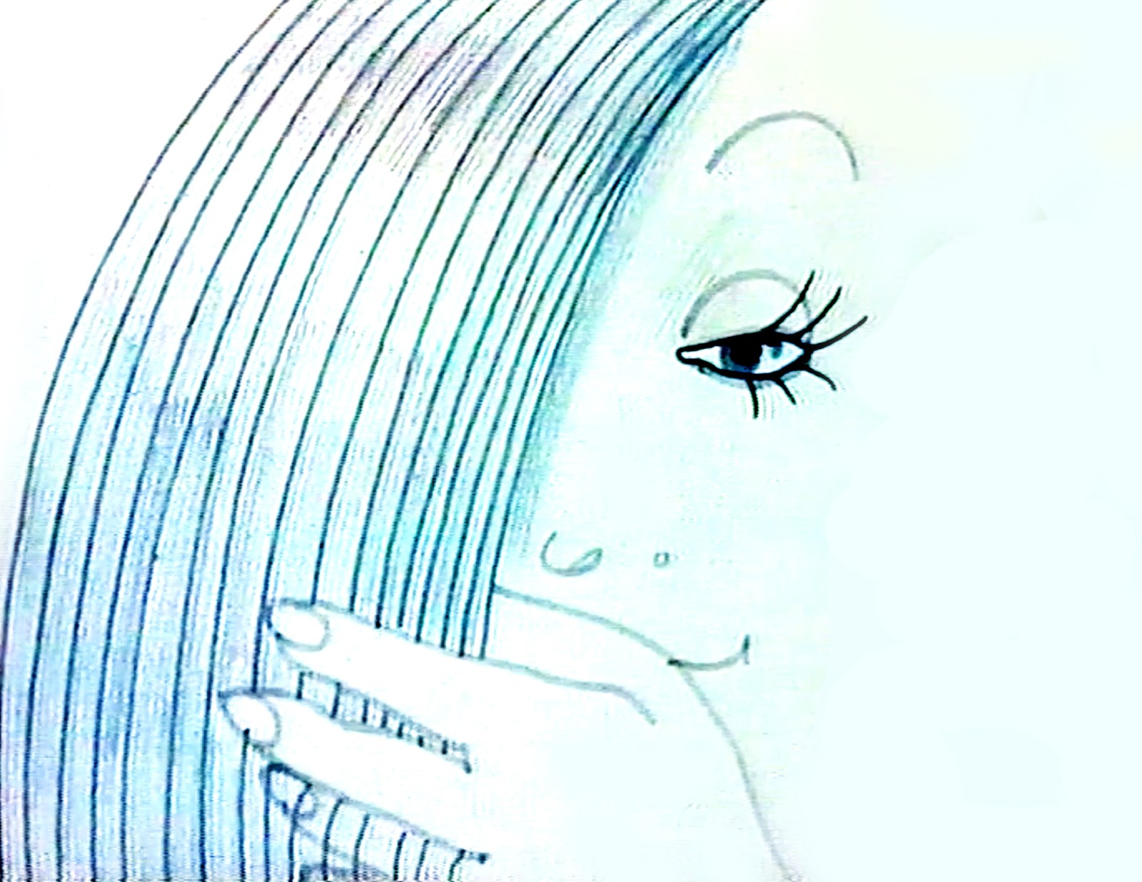 Vita Plus käpyhiukset still, smooth hair falls in a broad curve of fine blue lines past a smiling face, a hand resting beneath it