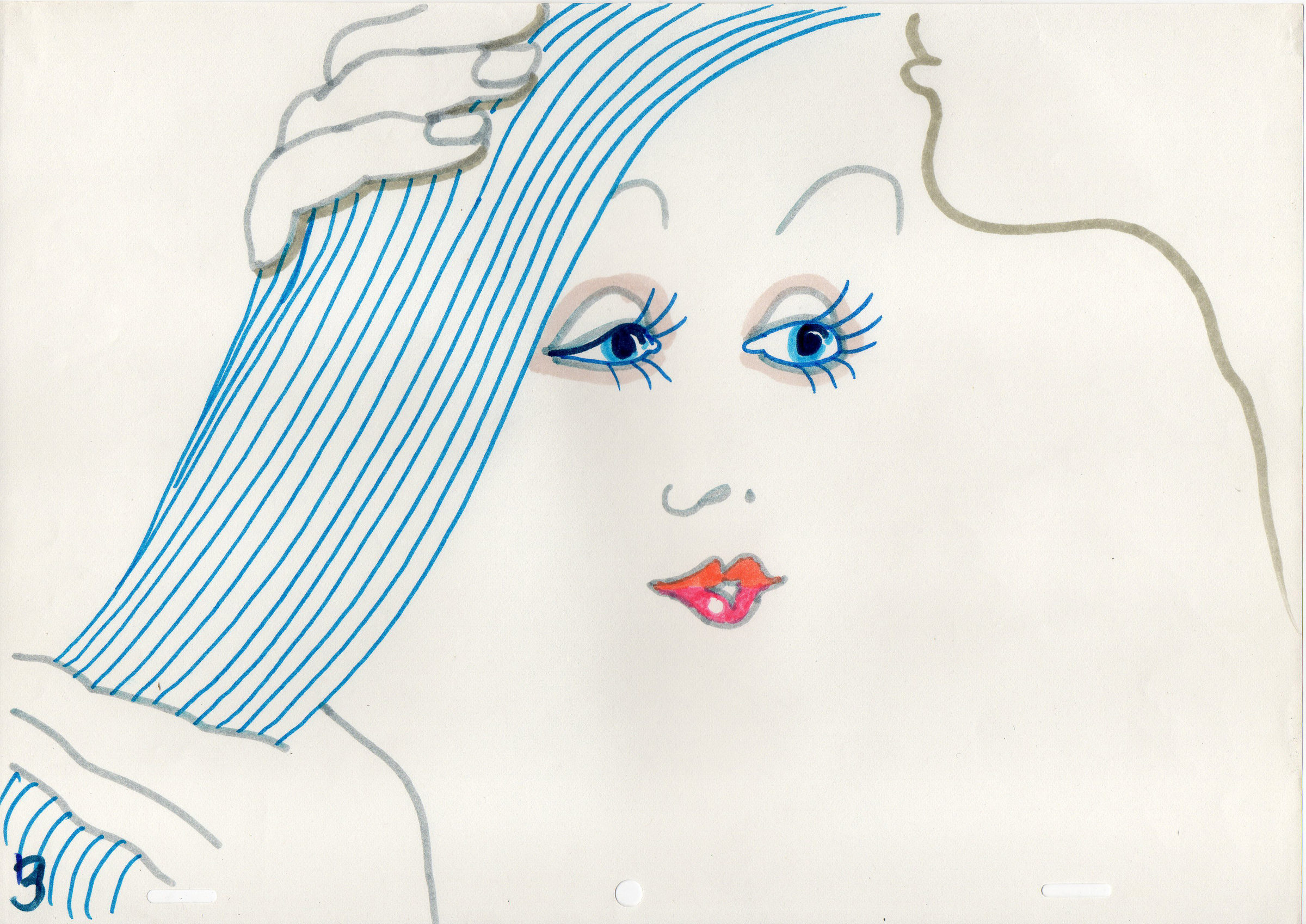 Animation drawing for the Vita Plus käpyhiukset commercial: a girl’s face in grey marker with blue eyes, heavy lashes and pink lips, her hair ruled as a fall of parallel blue lines with a hand gathering it at the top; punched animation paper, the peg holes showing along the bottom edge
