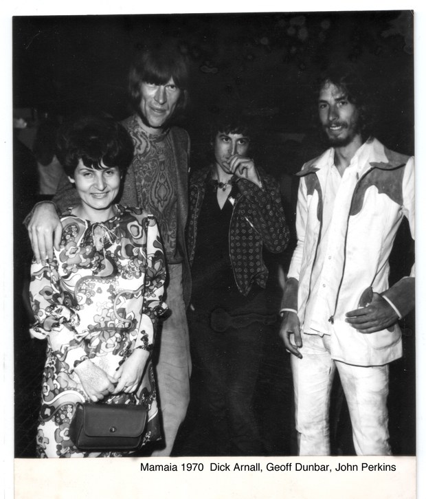 Dick Arnall, Geoff Dunbar and John Perkins at the Mamaia animation festival in 1970, with an unidentified woman in a patterned dress, black and white