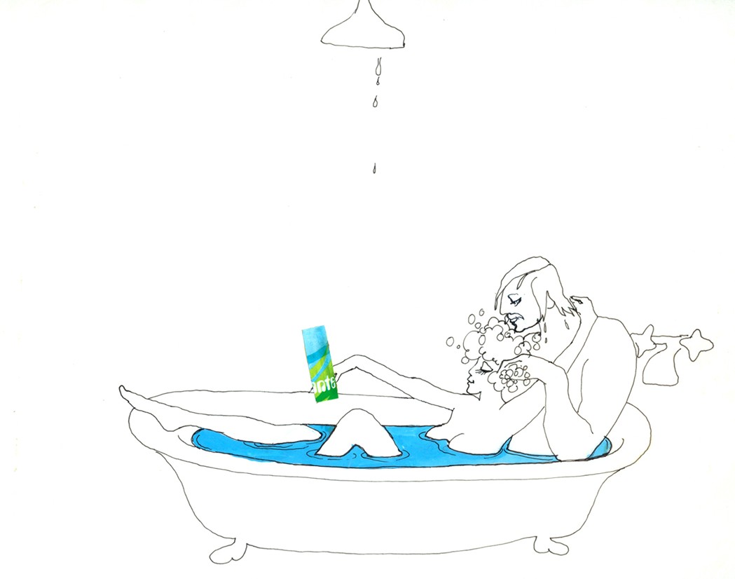 Sketch: a couple lie together in the bath under a dripping shower head, a Vivante bottle on the rim.