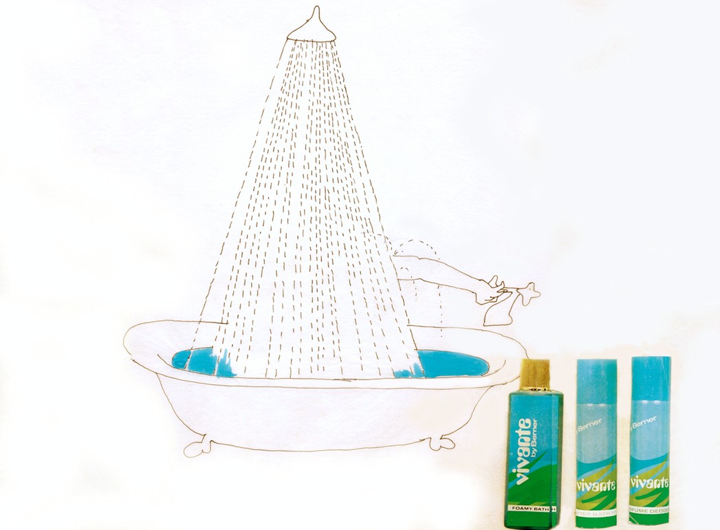 Sketch: the shower pours into an empty bath, three Vivante bottles standing in front.