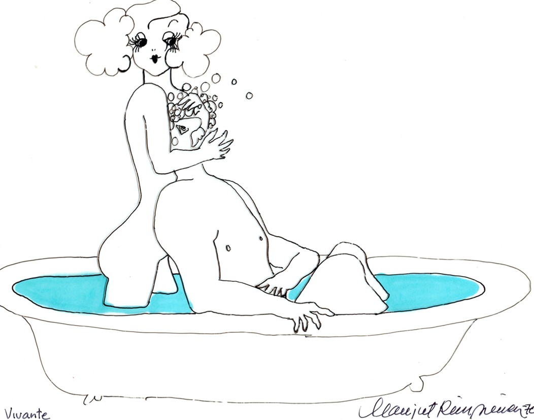Sketch in ink and blue wash: a woman with a cloud of curls lathers the hair of a man sitting in a claw-foot bath.