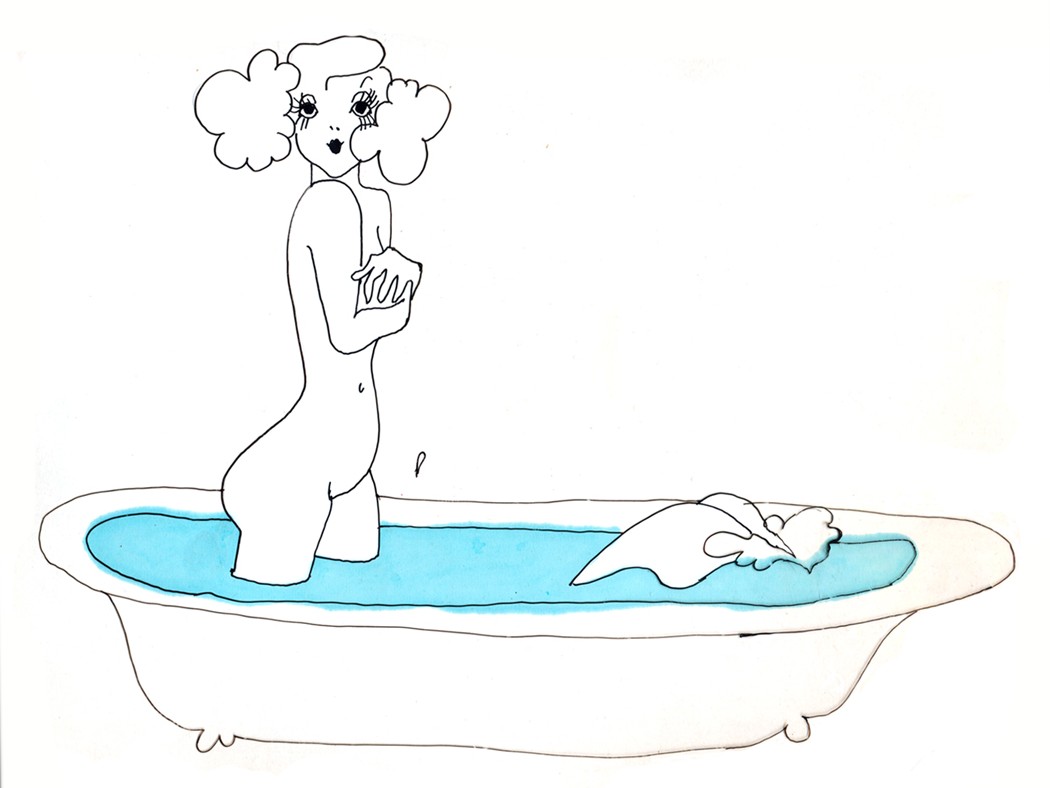 Sketch: the woman stands in the bath covering her breasts, a man stretched out under the water.