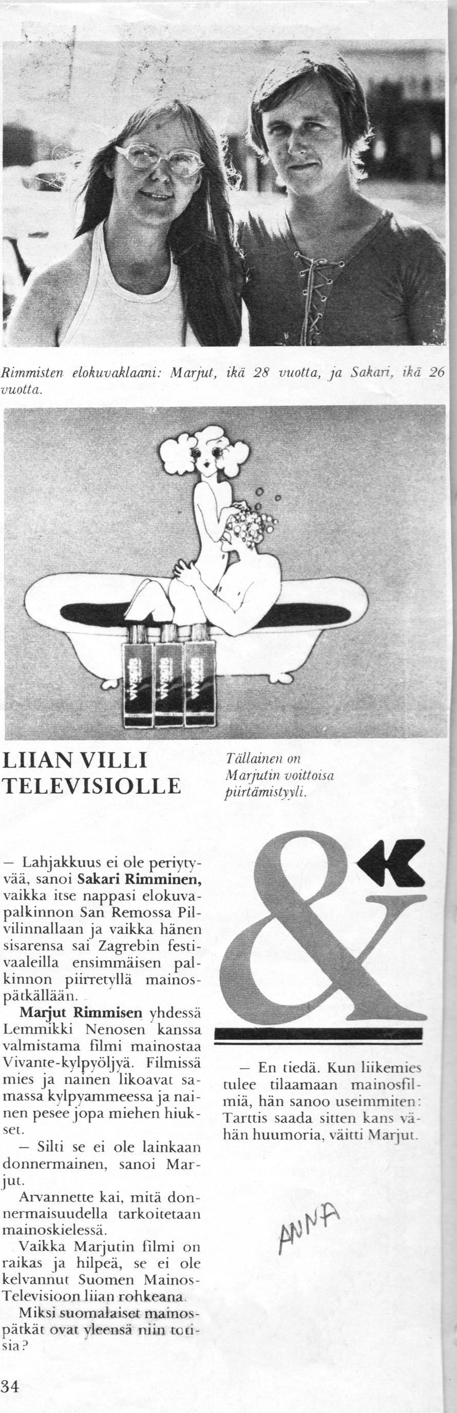 A page of Anna magazine, 1972, headed Liian villi televisiolle: a photograph of Marjut and Sakari Rimminen, a Vivante still of the bath, and the article.