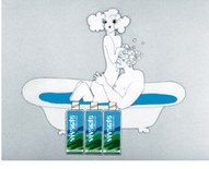 Vivante still — woman in the bath with three product tubes lined up alongside